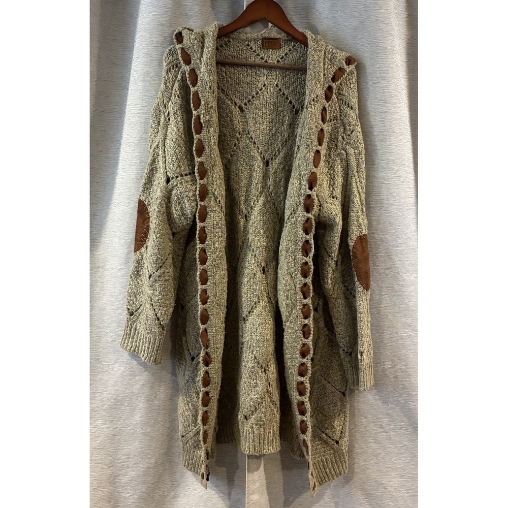 POL Cardigan Womens Large Chunky Knit Hooded Elbow Patch Oversized Boho Cottage